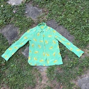 Leifsdottir Anthropologie 100% Silk Green Bird Print Button Down Blouse Size 6